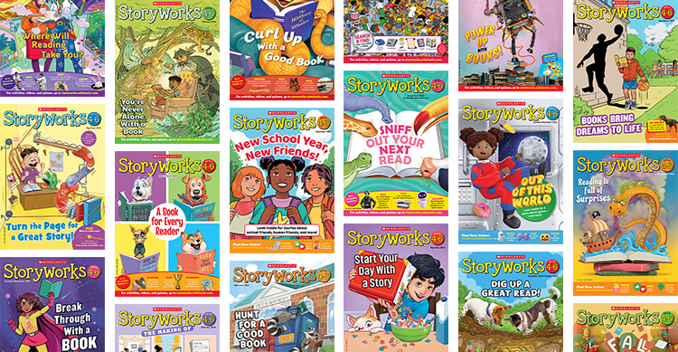 Collage of Storyworks magazine covers with reading and literacy themes
