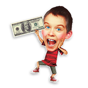 an excited boy holding up a hundred dollar bill