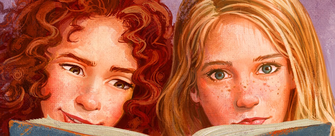 Illustration of a girl with curly red hair and a girl with long blonde hair reading a book together