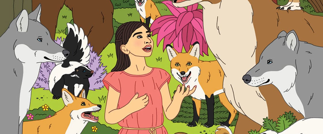 An illustration of a girl surrounded by animals friends