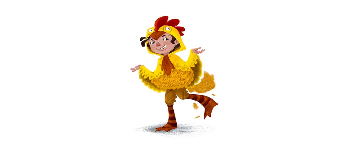 A child in a chicken suit