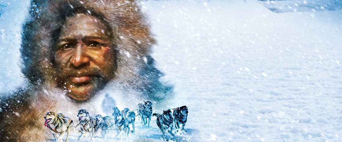 illustration of an explorer in the snow with a pack of snow dogs