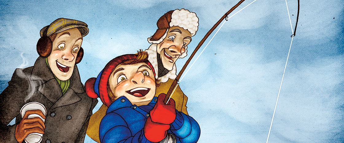 illustration of two men and a boy ice fishing