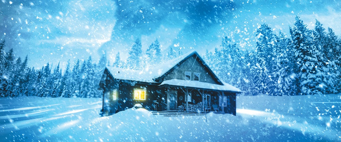Illustration of a lone house covered in snow during blizzard 