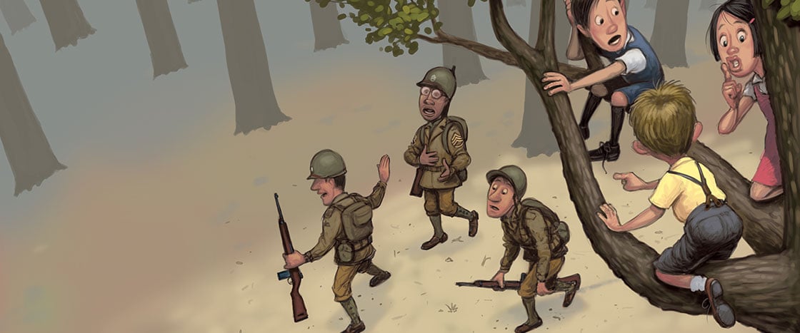 Illustration of two boys and a girl hiding in a tree from three soldiers