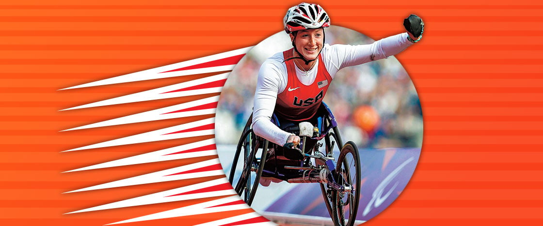a woman in a racing wheelchair and helmet races in front of a textured orange background