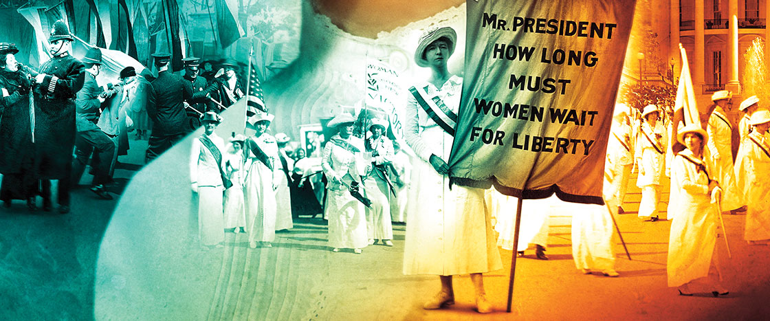 Collage of black and white images of women protesting with a colorful overlay on it