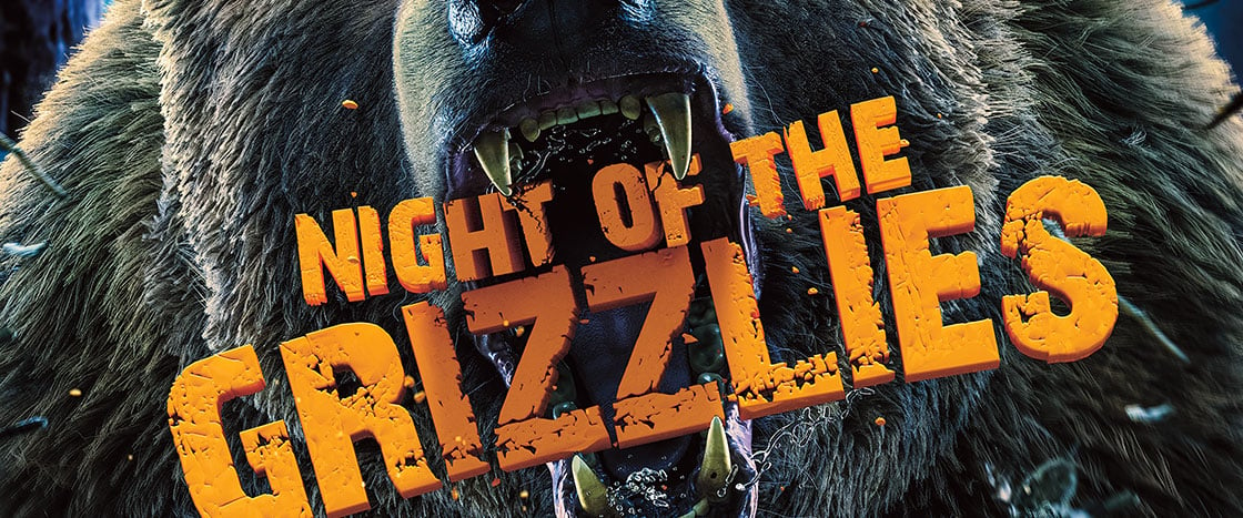 The text "Night of the Grizzlies" in the jaws of a large bear