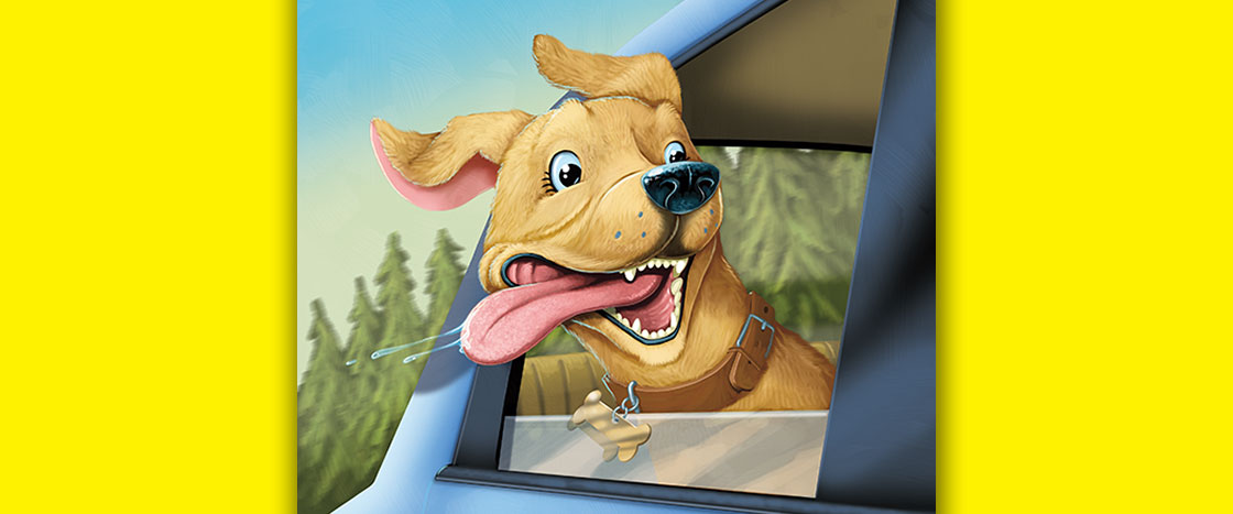 Illustration of a dog hanging his head out the window happily