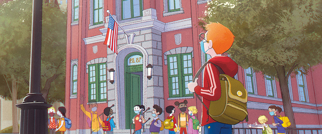 illustration of a boy in a backpack looking up at a school 
