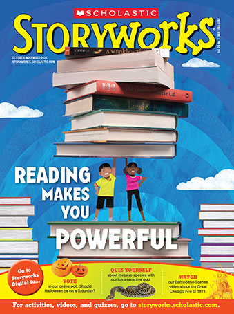 Illustration of two children holding up a stack of books with the text "Reading makes you Powerful"