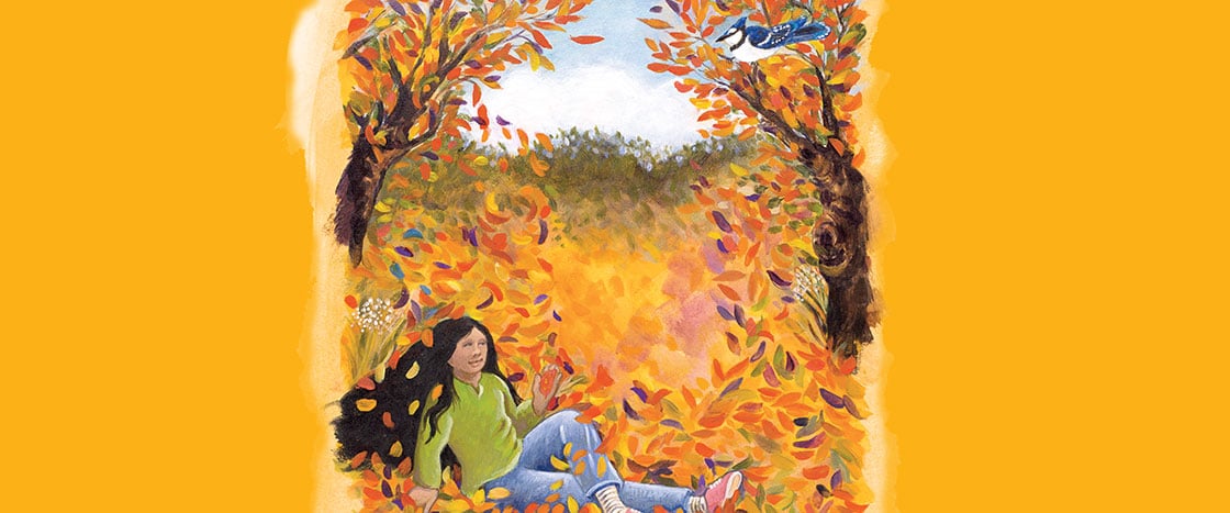 Illustration of the a girl sitting in fallen autumn leaves