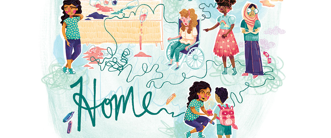 Illustration of girls of different backgrounds surrounded by blue thread and the text "Home"