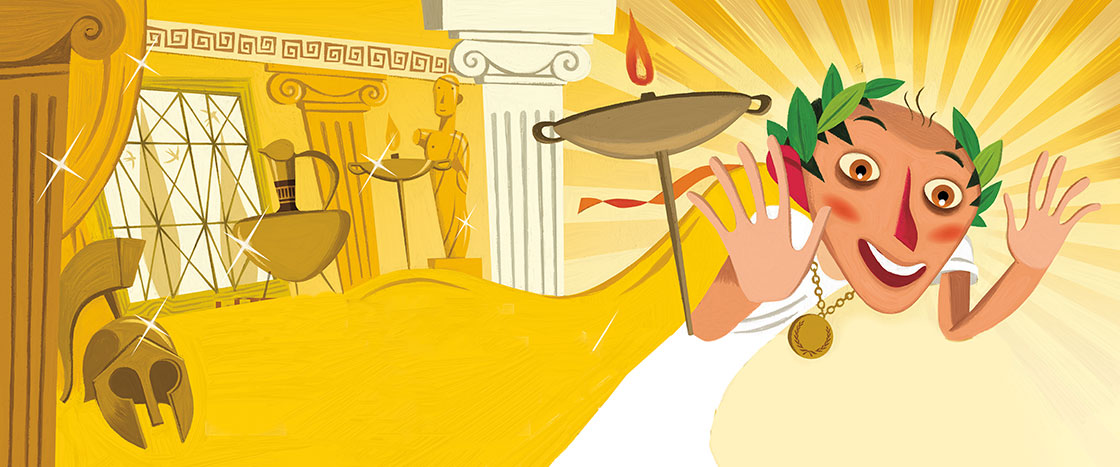 Illustration of an excited man wearing a gold cape and golden treasures behind him