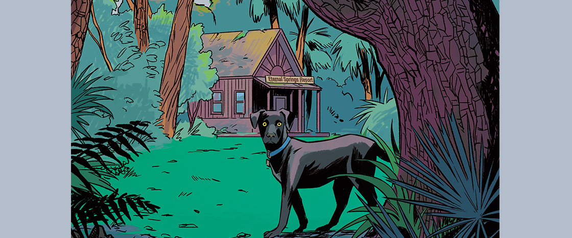 Illustration of a dog in the woods with a wooden building in the background