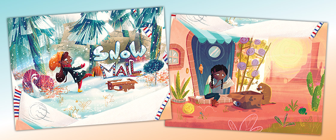 Two illustrations of postcards. One is set in a snowy place and the other in a hot place