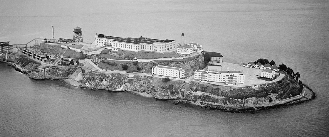 Black & white bird&apos;s view of Alcatraz