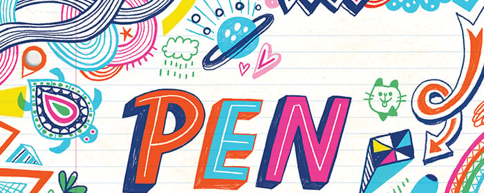 Text, "Pen" surrounded by silly scribbles drawn in colorful ink