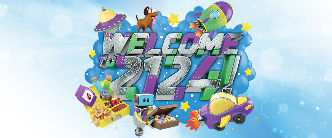 Text, "Welcome to 2124" and text is surrounded by futuristic toys
