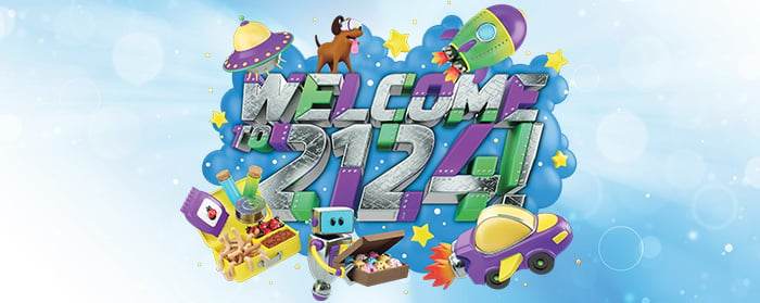 Text, "Welcome to 2124" and text is surrounded by futuristic toys