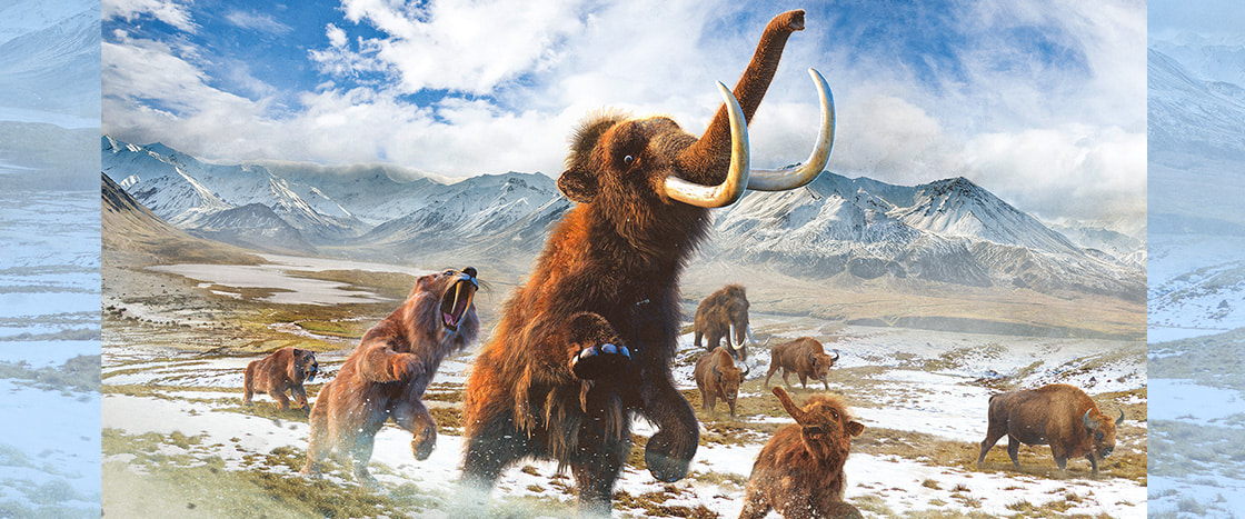 Image of mammoths in a snowy landscape running away from saber-toothe tigers