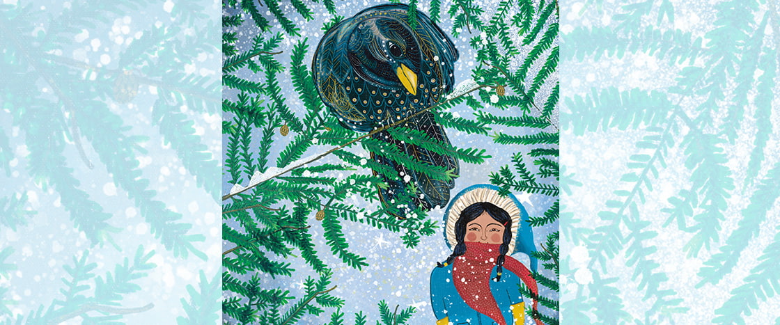 Illustration of a girl peering at a raven in a tree while snow falls