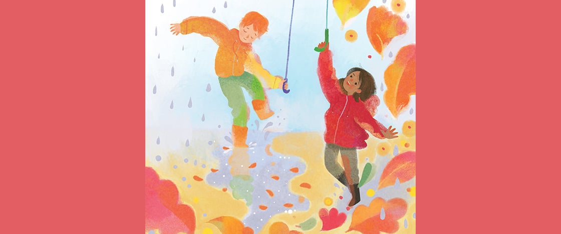 Illustration of kids playing in the rain