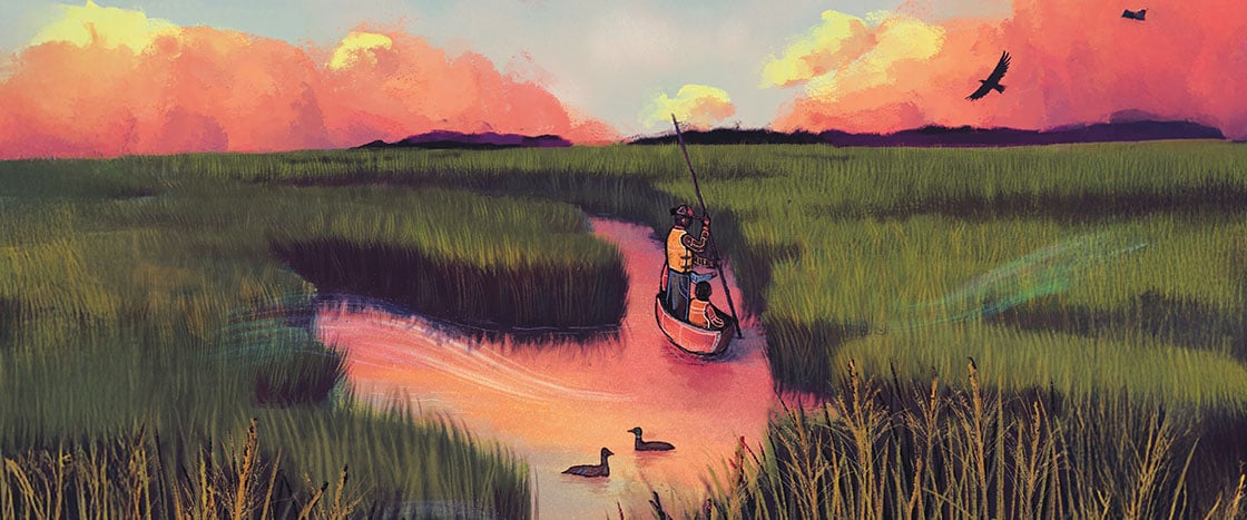 Illustration of person steering boat in swamp