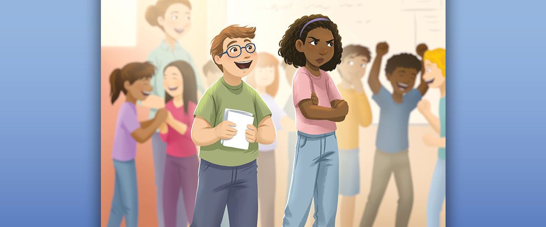 A boy holds a notebook and stands next to a girl with crossed arms amid a group of students
