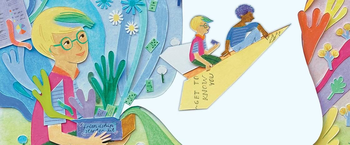 Two children sit on a paper airplane labeled Get To Know You, one holds a friendship starter kit