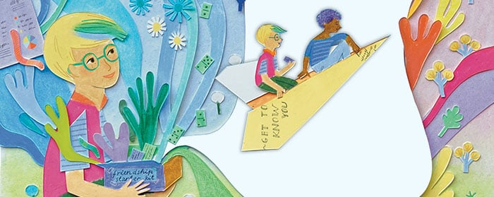 A girl holds a friendship starter kit while two children sit together on a large paper airplane labeled Get To Know You
