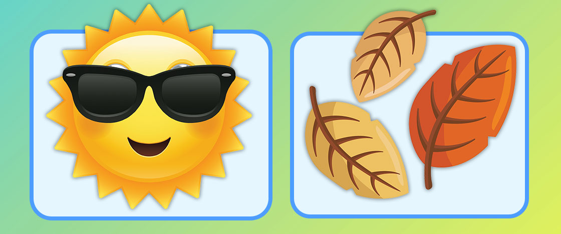 Two emoji panels show a sun with sunglasses and three autumn leaves in tan and orange tones