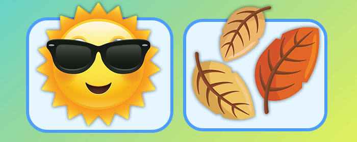 A sun with sunglasses and three autumn leaves in separate panels