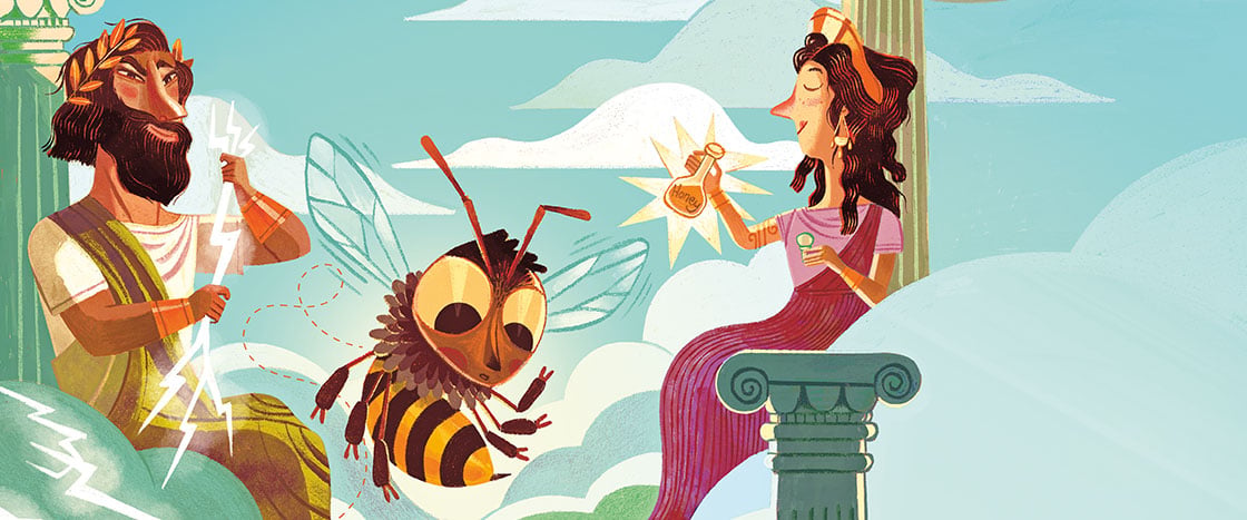 A Greek god with a lightning bolt, a large cartoon bee, and a goddess who holds a honey bottle among clouds and columns