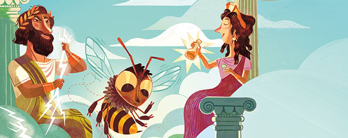 Two Greek gods and a large bee among clouds and stone columns