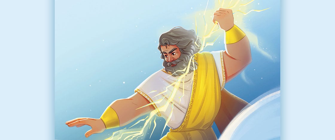 Zeus raises a glowing lightning bolt above his head among the clouds