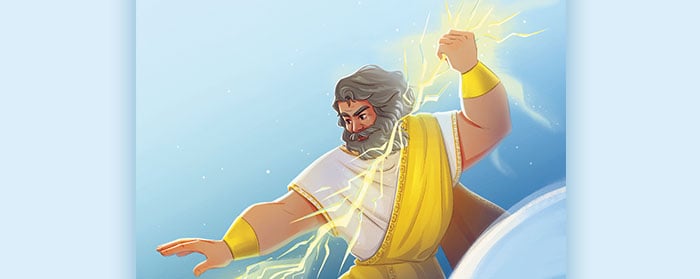 Zeus raises a glowing lightning bolt above his head with one arm outstretched