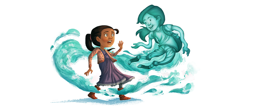 Illustration of a girl shocked by the ghost of girl appearing in front of her