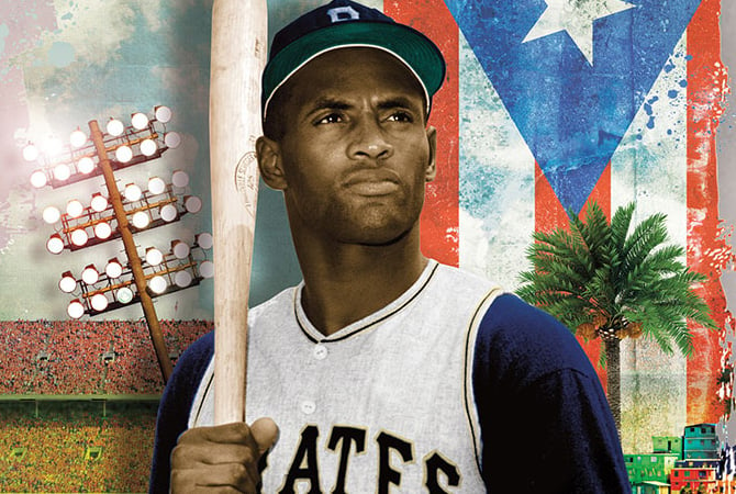 An Afro-Latino man with a baseball bat in his hand standing in front of a Puerto Rican flag