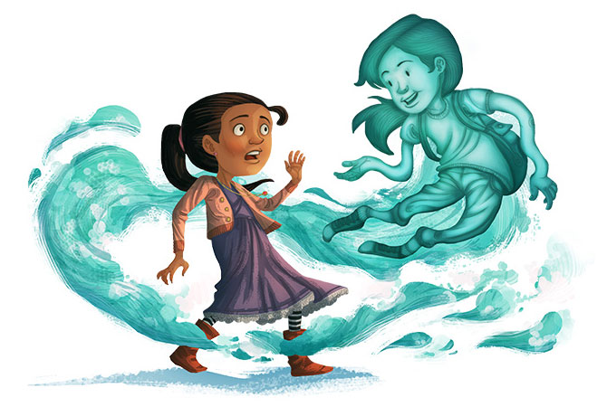 Illustration of a girl and a ghost