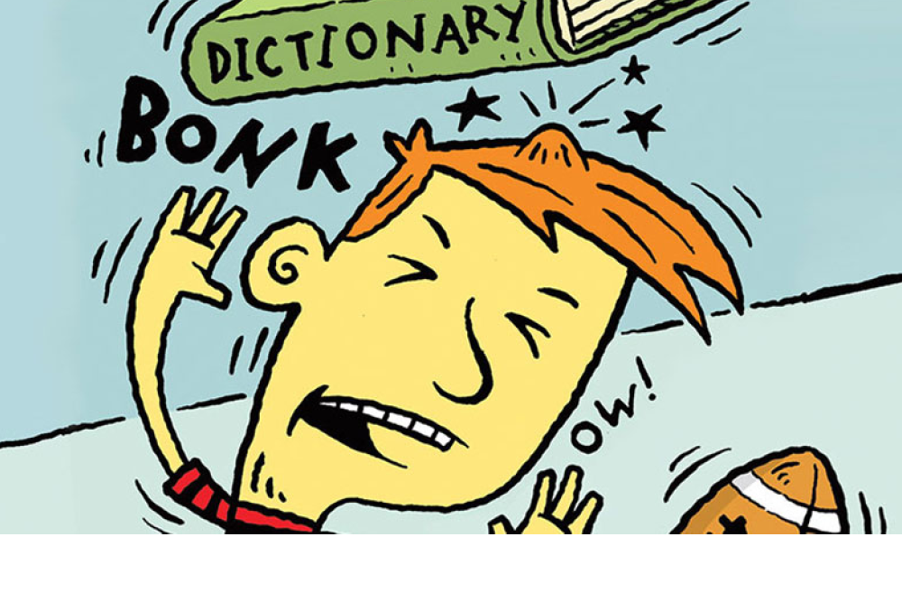 A dictionary hitting a boy in the head