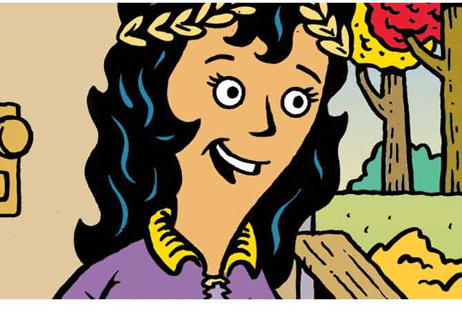 A cartoon woman with black hair, a gold leaf crown, & a purple robe smiles beside a window
---
A smiling woman with long black hair wears a gold leaf crown & purple robe near a window with trees