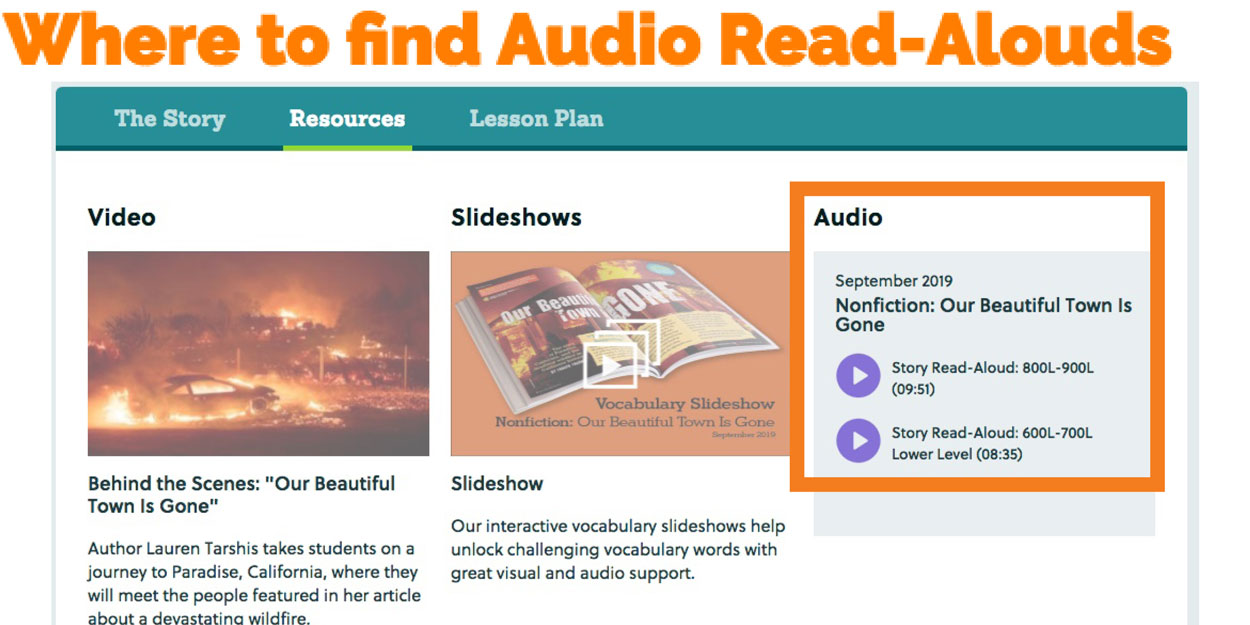 screenshot of where the audio read-alouds are located on the webpage